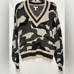 Nine West Small Camo V Neck Metallic Knit Sweater Black Tan Long Sleeve Soft